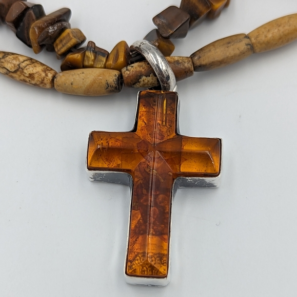 Amber Cross Sterling Silver On Tiger's Eye Chips & Jasper Bead Necklace Vintage - Picture 9 of 15